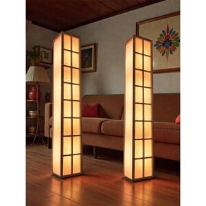 Vintage Litolier Tubular Japanese Showcase MCM Shoji 32" Tall Set 2 Lamps Retro